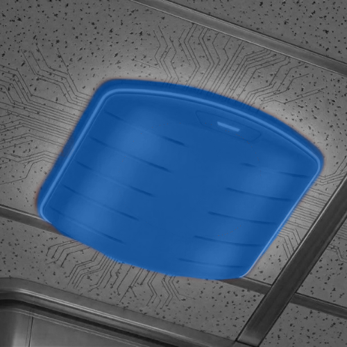 Ceiling-mounted wireless access point highlighted in blue on a black-and-white ceiling