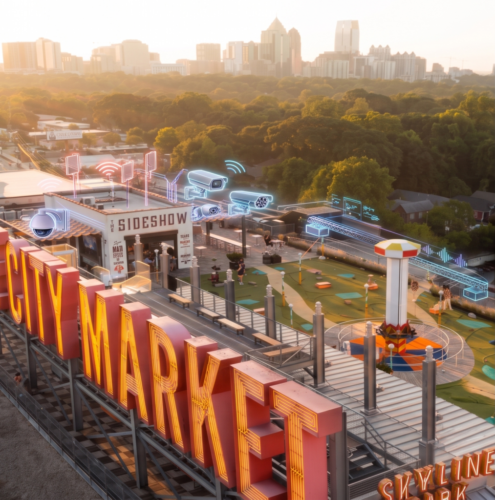 Rendering of Ponce City Market rooftop with City Market sign and highlighted cameras and Wi-Fi