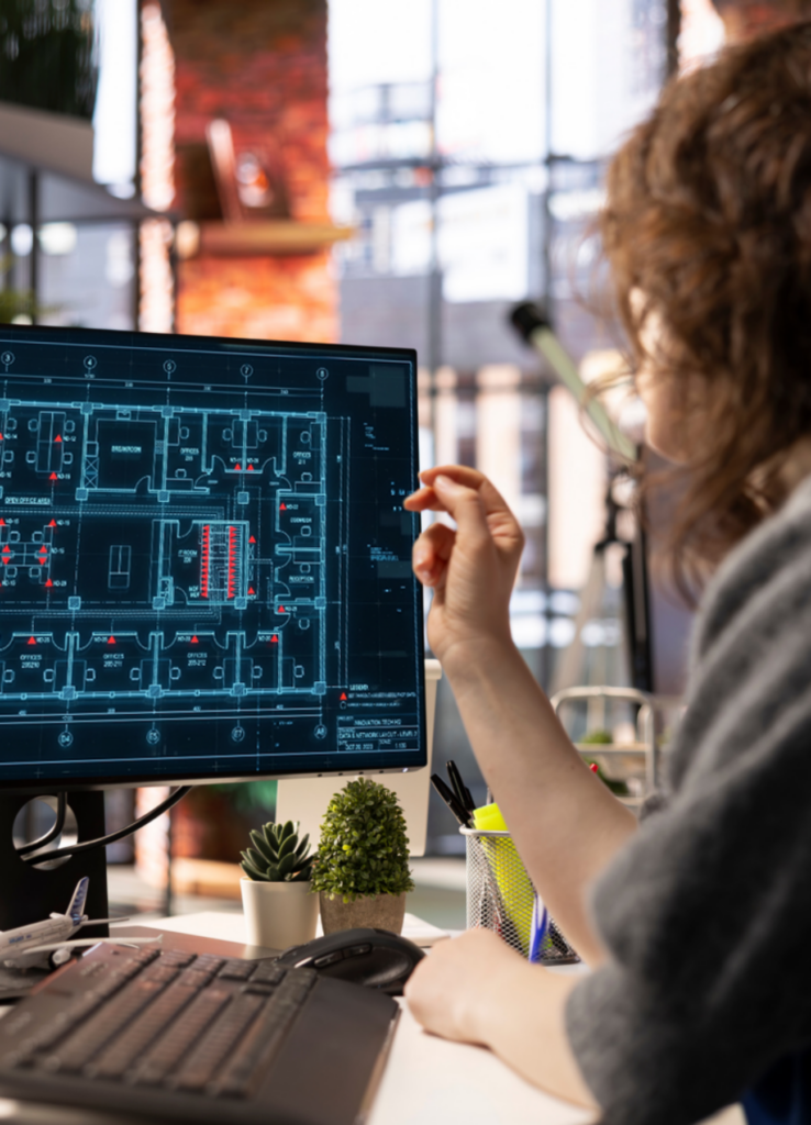 Designer reviewing a low-voltage floor plan drawing on a computer monitor