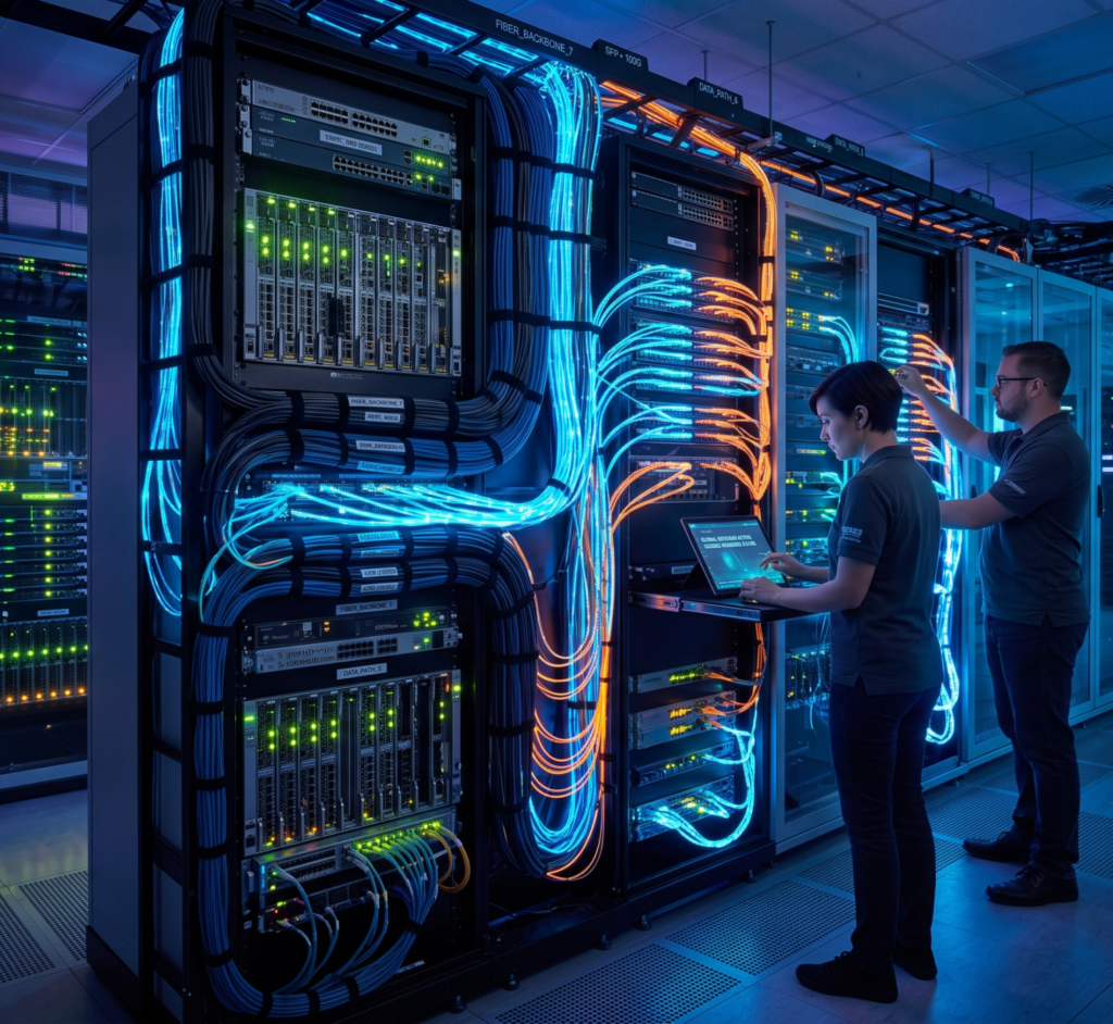 Two technicians working in a data center with brightly lit fiber and copper cabling