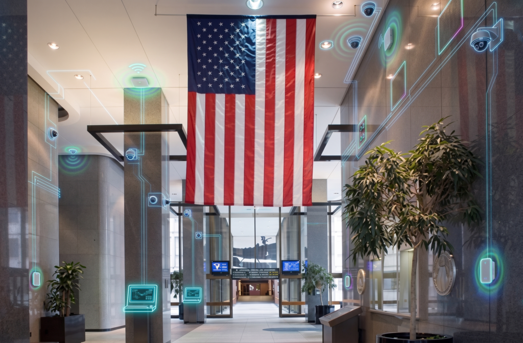 Department of Labor lobby with a large American flag and overlaid security and network icons