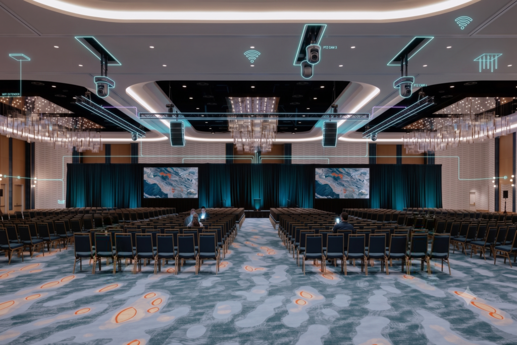 Ballroom at Gaylord Pacific Resort and Convention Center set with chairs, overlaid with AV and network icons