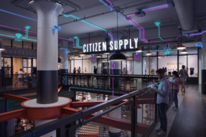 Citizen Supply at Ponce City Market with overlaid Wi-Fi, camera and network icons