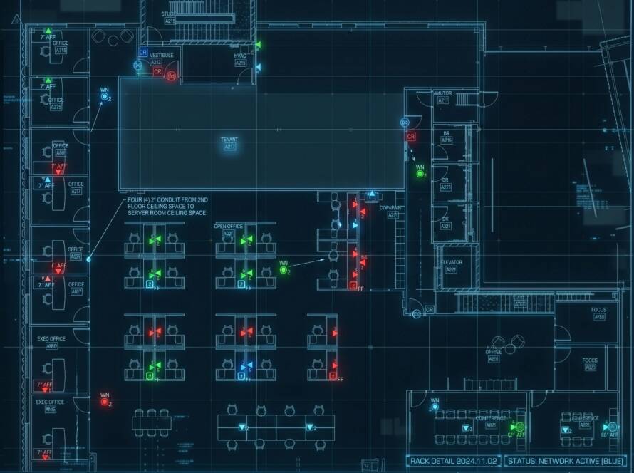 Technical drawing titled Integrated Floor Plan (Level 2) showing office layout with color-coded device symbols
