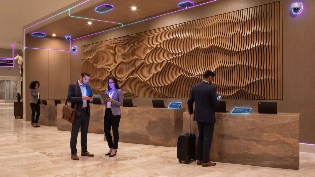 Front desk of Hyatt Regency Salt Lake City with guests checking in and overlaid network icons