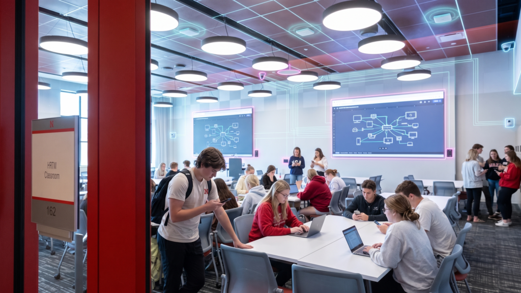 Classroom at the Nebraska Innovation Campus with students and overlaid network icons