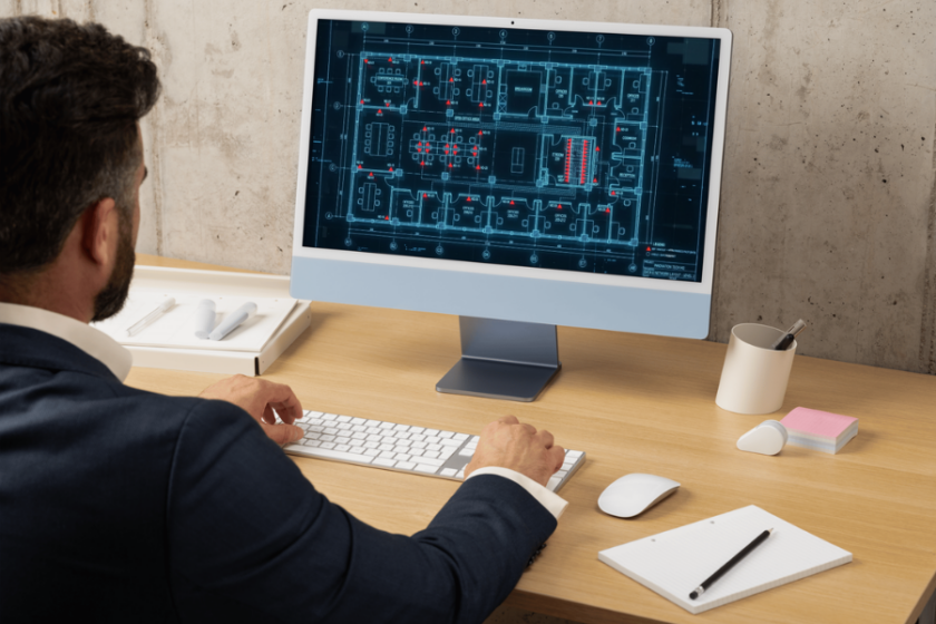 Designer reviewing a low-voltage floor plan drawing on a desktop computer monitor