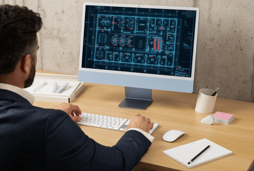 Designer reviewing a low-voltage floor plan drawing on a desktop computer monitor