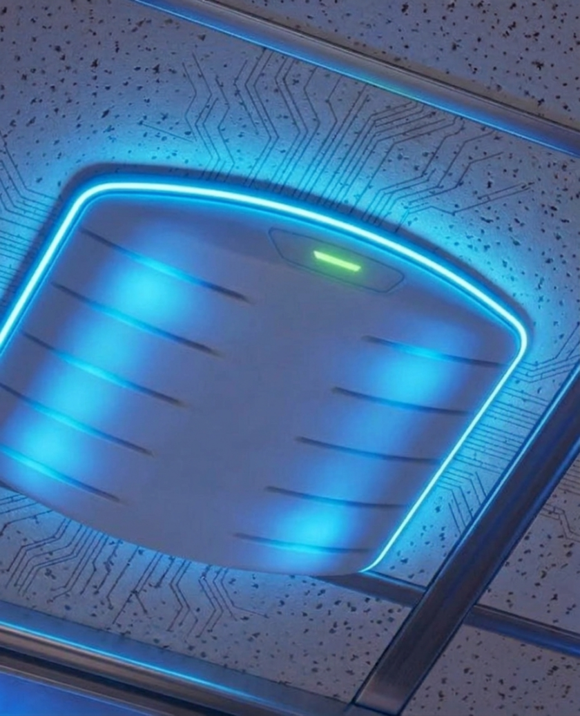 Close-up of a ceiling-mounted wireless access point glowing blue