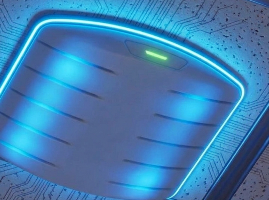 Close-up of a ceiling-mounted wireless access point glowing blue