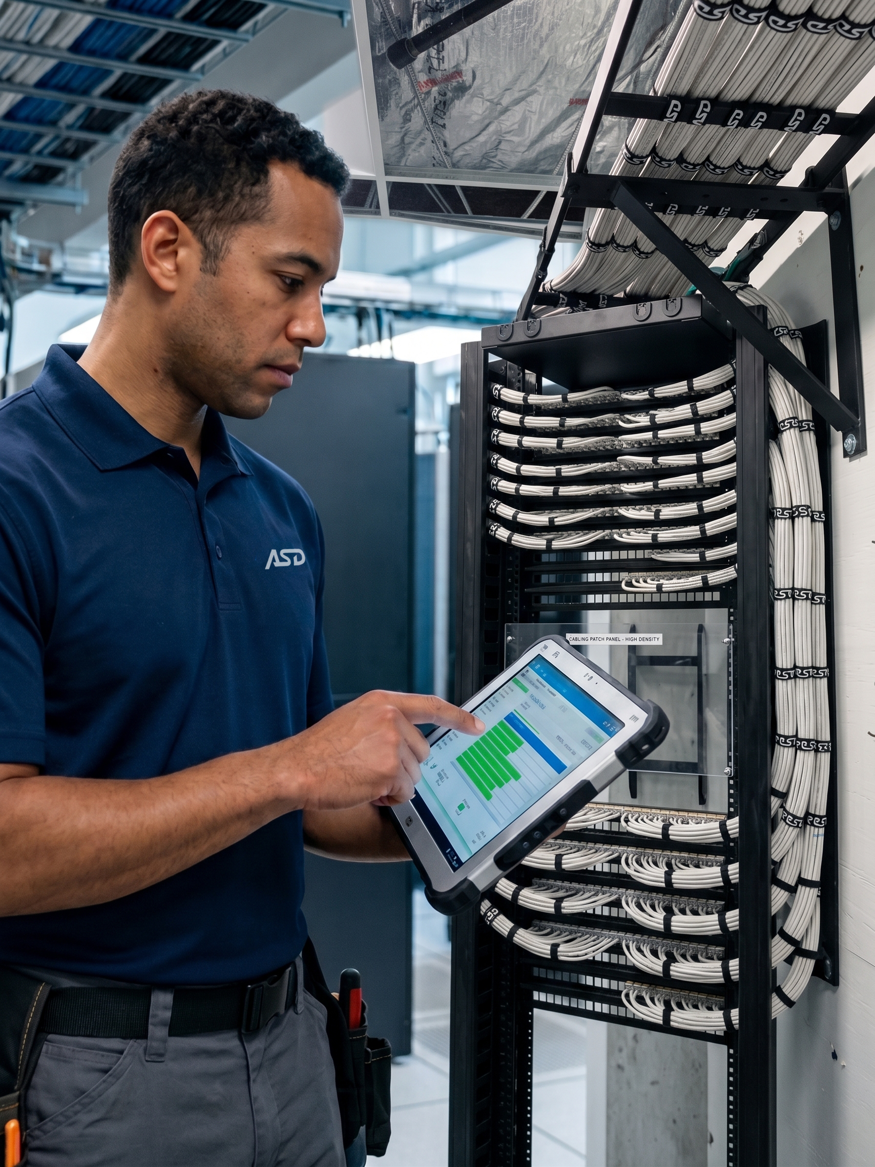 ASD technician using a tablet beside a network rack with neatly routed cabling