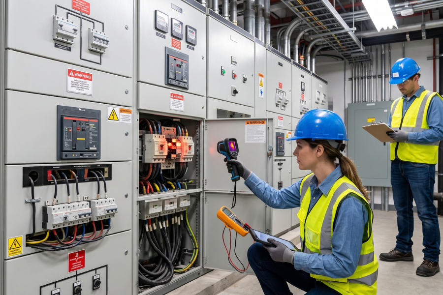 Electrical technician in hard hat using a thermal camera on an open electrical switchgear panel
