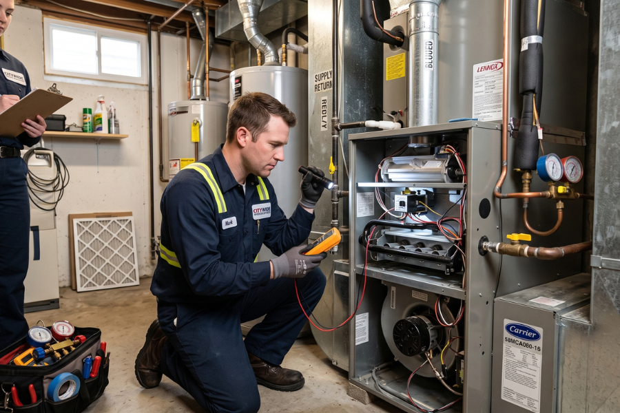 HVAC technician testing a furnace with a multimeter in a mechanical room