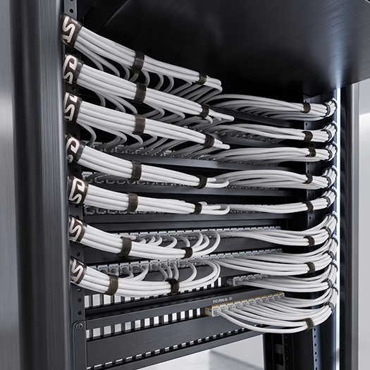 Network rack with neatly bundled white patch cables secured with Velcro straps
