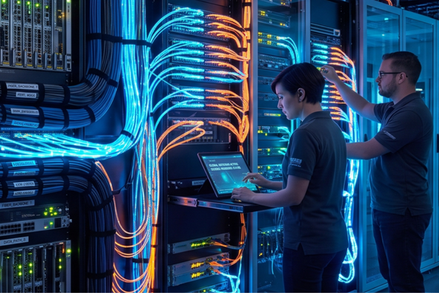 Two technicians working at a laptop beside server racks with brightly lit structured cabling