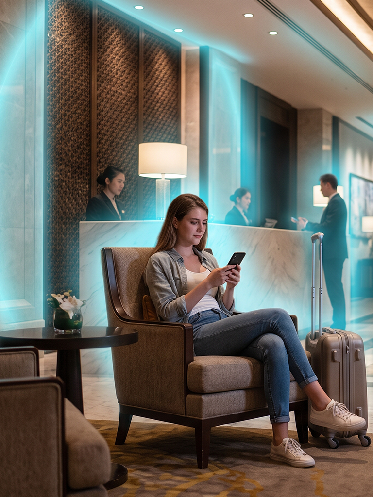 Hotel guest using a smartphone in a lobby lounge chair, with a glowing Wi-Fi coverage overlay