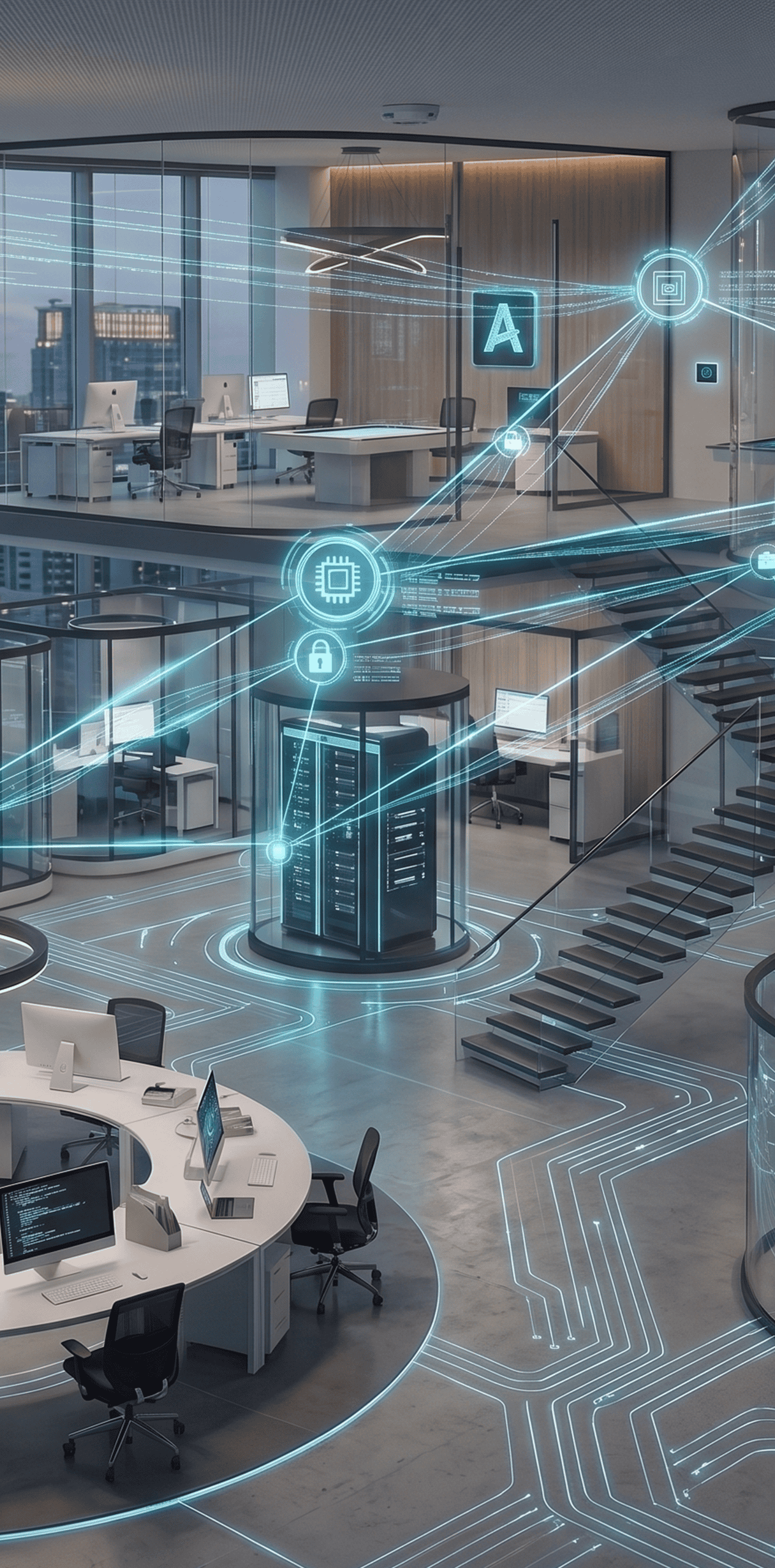 Futuristic office interior with glowing network connection lines linking workstations and a central server