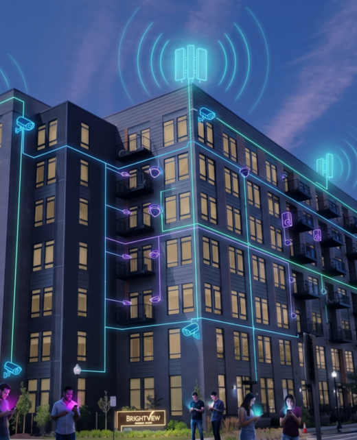 Exterior of Brightview Northfax at dusk with overlaid wireless signal and network icons