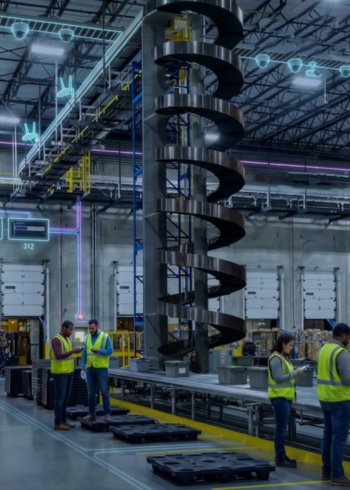 Dollar General distribution warehouse with workers and overlaid network and security device icons