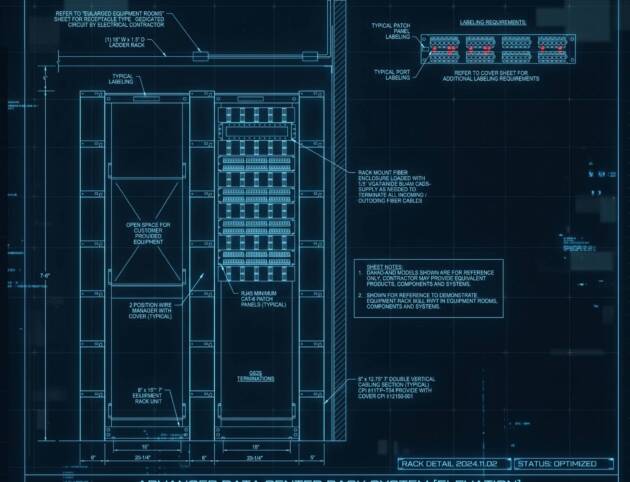 Technical drawing titled Advanced Data Center Rack System (Elevation) showing rack and patch panel details