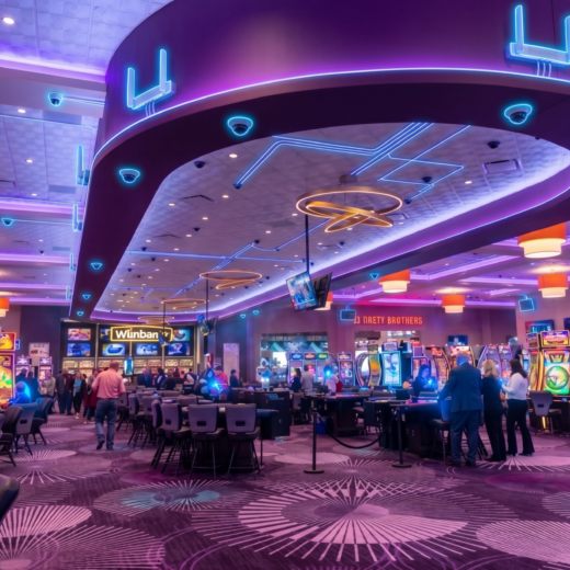 Rendering of the Harrah's Casino and Racetrack gaming floor with glowing overlays of security cameras, Wi-Fi and cabling