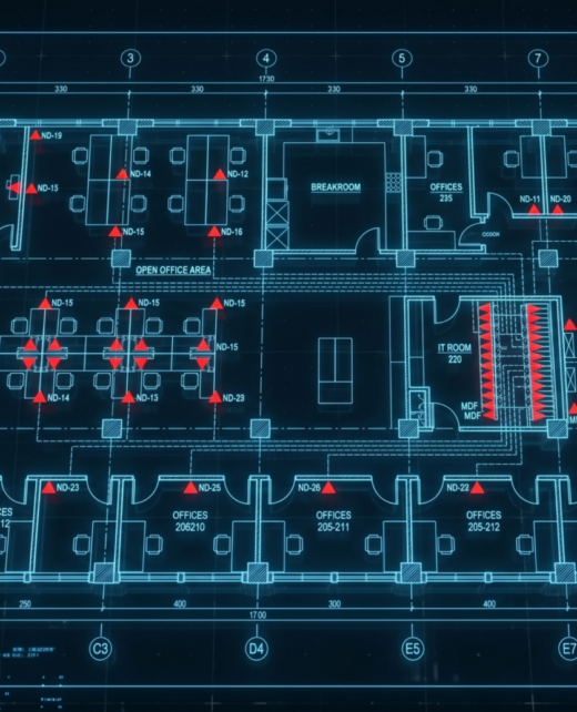 Glowing blue digital floor plan with red markers showing data and network outlet locations