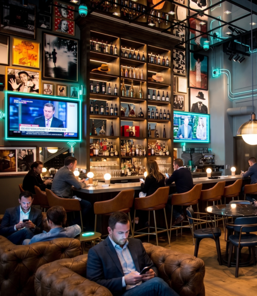 Rendering of a bar lounge with a liquor wall, TVs and guests on phones with glowing overlays of security cameras, Wi-Fi and cabling