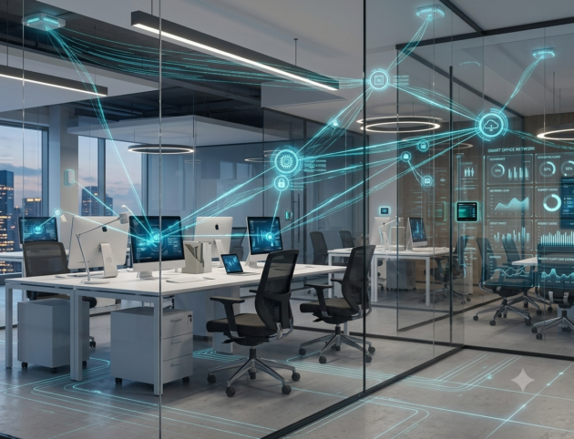 Rendering of a glass-walled smart office with a glowing network overlay