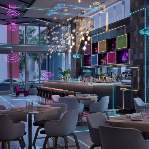 Rendering of the YotelPad Miami restaurant and bar with glowing overlays of security cameras, Wi-Fi and cabling
