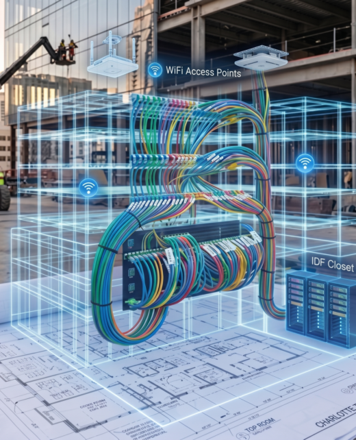 Construction site with a holographic 3D model of a building showing cabling, Wi-Fi access points and an IDF closet above blueprints