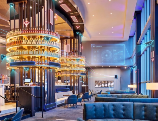 Rendering of the Loews Kansas City bar and lounge with glowing overlays of security cameras, Wi-Fi and cabling