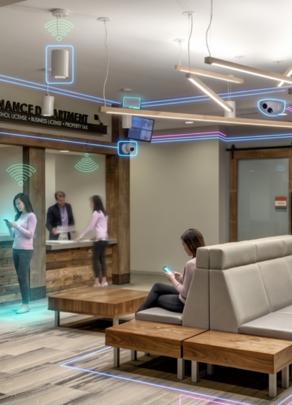 Lobby of Milton City Hall with service counters and overlaid network and camera icons