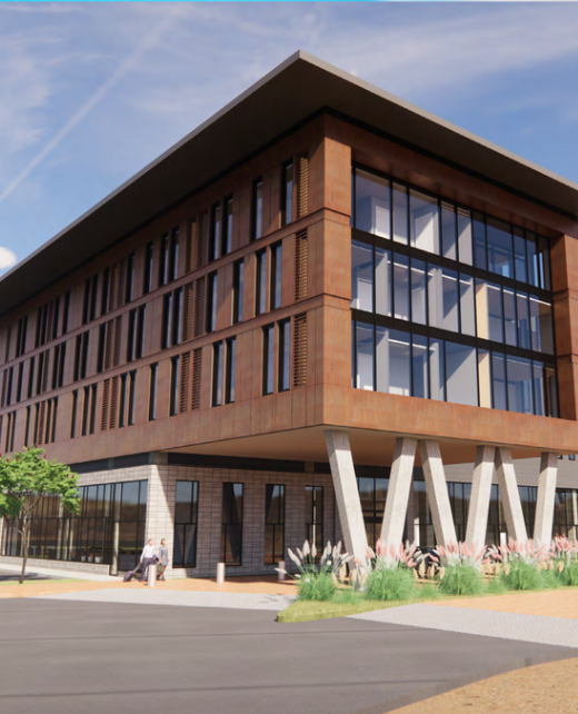 Rendering of the Norterra dual-brand hotel, a four-story building with wood-toned facade and angled columns
