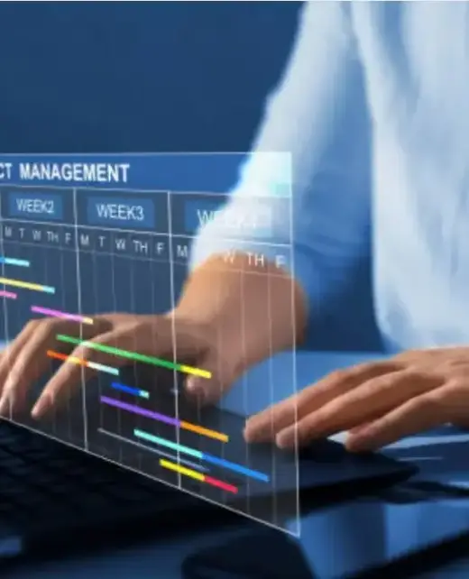 Hands typing on a laptop with a holographic project management timeline chart