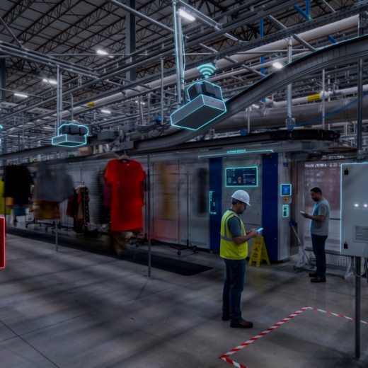 Rent the Runway fulfillment facility with garment conveyors and overlaid technology icons