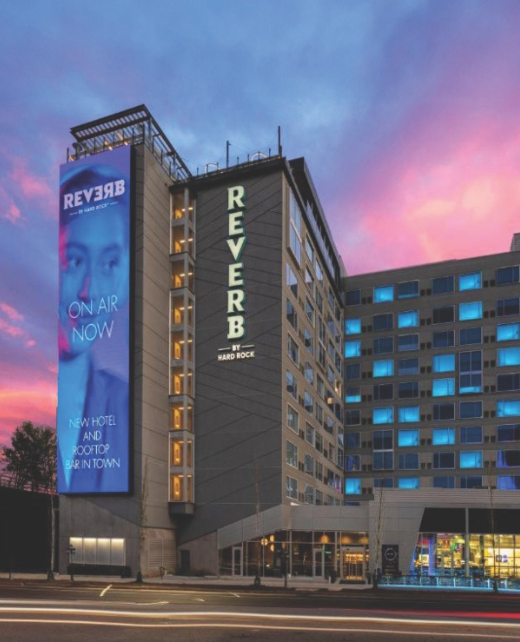 Exterior of the Reverb by Hard Rock hotel at dusk