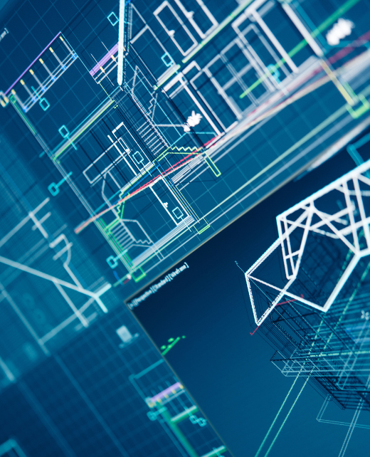 Blue digital architectural floor plan and 3D wireframe graphic