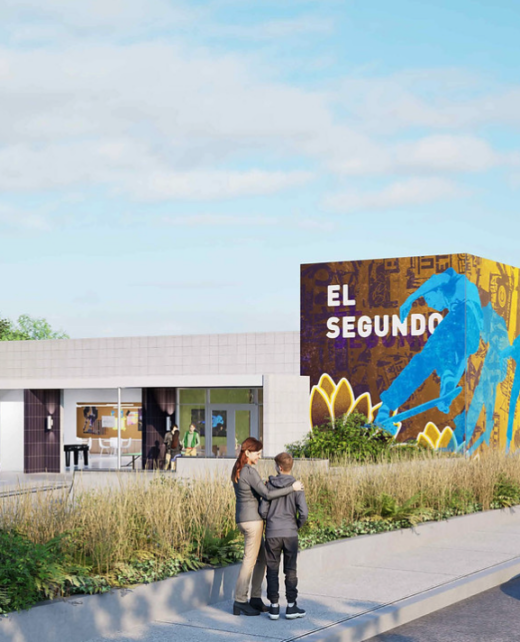 Rendering of the El Segundo Teen Center with a colorful "El Segundo" mural wall and landscaped entry