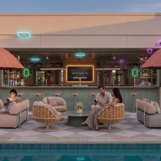 Poolside rooftop bar and lounge at the Ryder Hotel with overlaid icons for Wi-Fi, cameras and AV