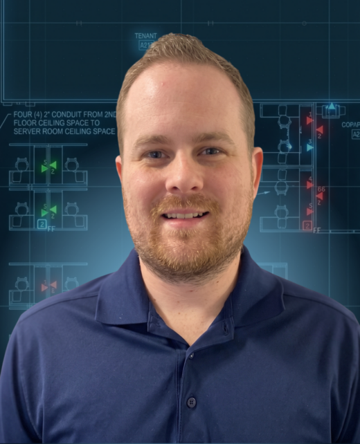 Matthew Winston in front of a glowing technology floor plan drawing