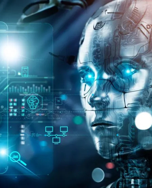 Robotic humanoid face surrounded by digital interface graphics, representing artificial intelligence