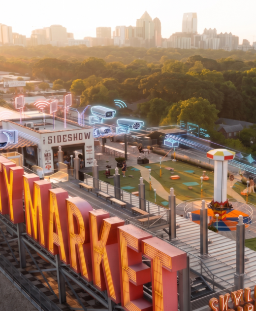 Rendering of Ponce City Market rooftop with City Market sign and highlighted cameras and Wi-Fi